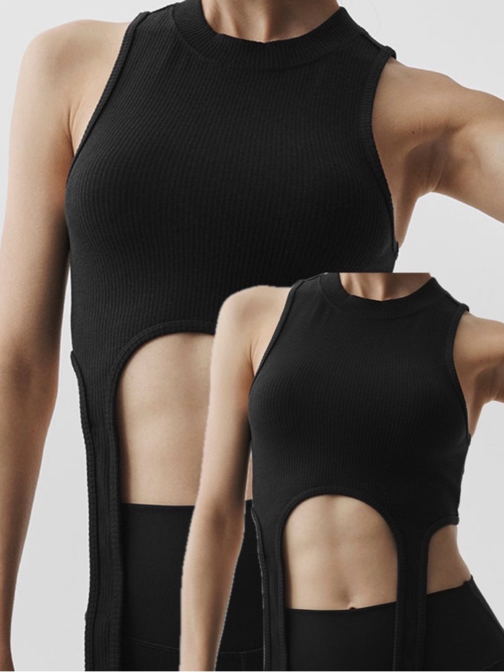 ALO Yoga Black Ribbed Tank with Extended Strap Details